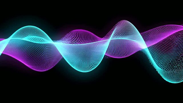 Abstract, digital waves undulate against a black background, shimmering in hues of magenta and cyan. Pointillist forms