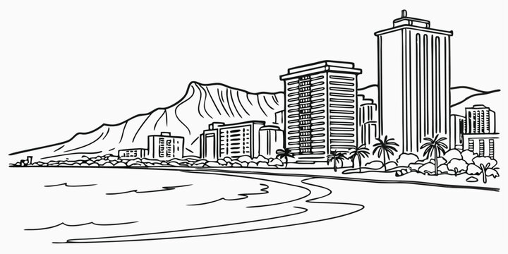 Honolulu skyline, incorporating Diamond Head and Waikiki Beach in a smooth, continuous-line style.