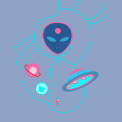 Abstract color illustration of aliens. the space plate, the face, the crystals and the planet are connected by a line