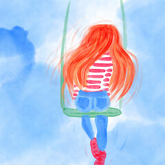 A girl with red hair, wearing a striped sweater, blue jeans and sneakers, swings on a swing looking at the sky. She looks carefree, happy and calm.