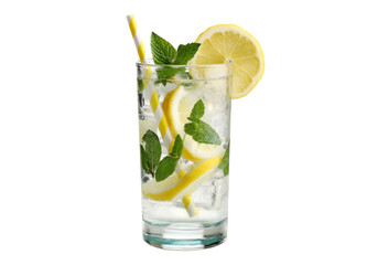 Lemonade Glass with Straw on White Background. A refreshing glass of lemonade served with a colorful straw, set against a clean white background, On Transparent Background, Png