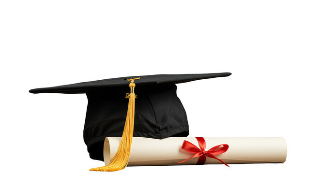 Isolated Graduation Mortarboard with Diploma Scroll on Transparent Background