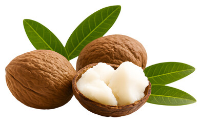 Shea Nuts with Butter and Green Leaves on transparent Background