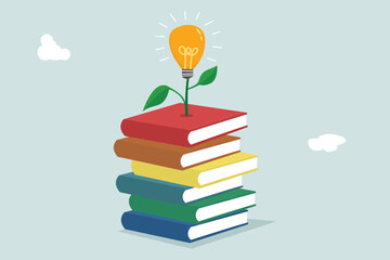 Knowledge, wisdom to create new ideas, creativity or innovation from reading books, education or learning new skills towards success, studying or library. Stack of books with light bulb plant.