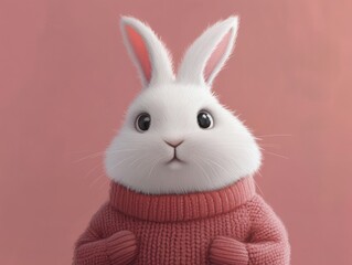 Obraz premium A fluffy white rabbit in a small sweater, set against a soft pink background