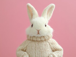 Obraz premium A fluffy white rabbit in a small sweater, set against a soft pink background