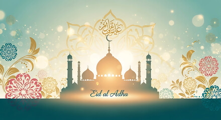 Golden Mosque Silhouette for Eid Celebration