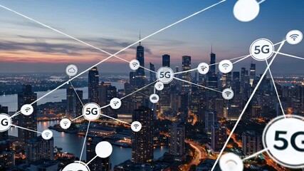 City skyline at dusk with 5G network overlay - Powered by Adobe