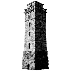 Obraz premium Historical stone tower halftone style illustration with a transparent background. Retro, graphic print aesthetic. Ideal for poster and collage design element, AI-based with human edited effects