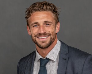 Professional man smiling with blonde hair and blue eyes wearing a gray suit and white patterned shirt against a gray background