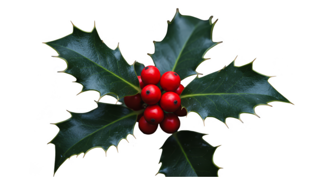 Isolated Holly With Red Berries And Green Leaves Festive Photo on Transparent Background