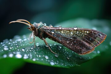 Close-Up of a Moth Resting on a Dew-Covered Leaf in Nature