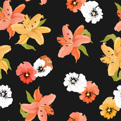 Pansies and lilies on a black background. Seamless vector illustration with delicate flowers. For decorating textiles, packaging.
