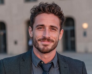 Confident young man with a beard and curly brown hair wearing a dark blazer and button-up shirt outdoors in front of a building
