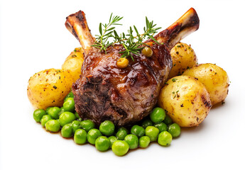Lamb shank with peas and potatoes, isolated on a white background
