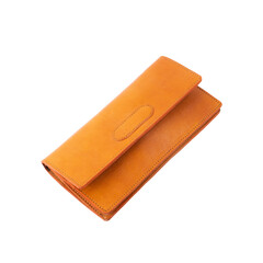 Long leather wallet for women in turmeric yellow color, isolated on white background. Perfect for leather product catalog design