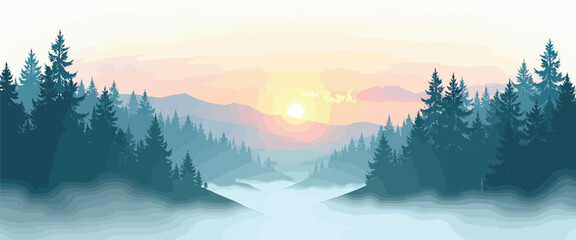 Fototapeta premium Misty Forest Landscape with Sunrise Vector Illustration