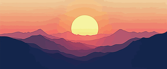 Obraz premium Minimalist Sunset Mountain Landscape Vector Illustration