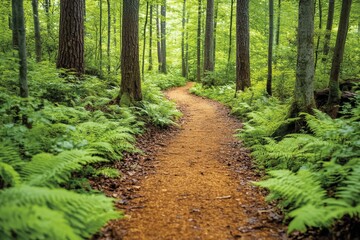 Fototapeta premium Forest trail winding through ferns. Hiking, nature escape