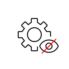 Vector icon of cogwheel with crossed-out eye, symbolizing hidden settings, disabled options, or private configuration. Ideal for software interfaces, system apps, and privacy-focused platforms