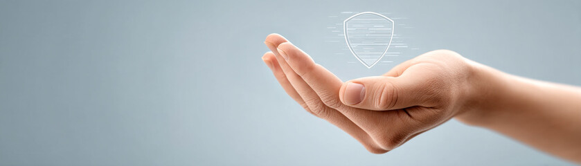 A hand holding a digital shield icon, symbolizing protection, security, and safety with a tech focus.