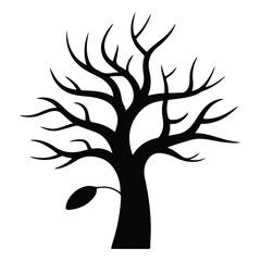 Black vector silhouette of a tree with bare branches on white background