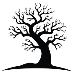 Black vector silhouette of a tree with bare branches on white background