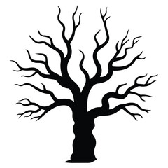 Black vector silhouette of a tree with bare branches on white background