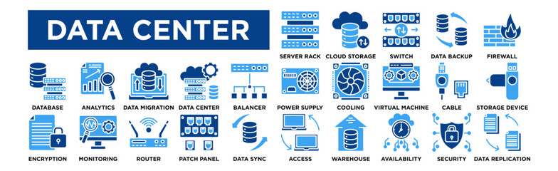 Data center icon collection set. Server Rack, Cloud Storage, Network Switch, Data Backup, Firewall