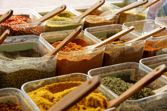 Spices and condiments for sale at Redcliffe Sunday market