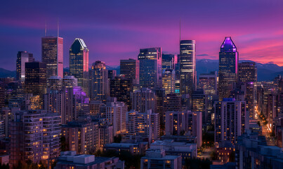 Obraz premium Beautiful night view of the city with purple and pink tones.
