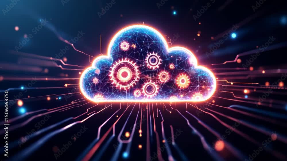 Poster Cloud computing technology with glowing gears inside digital cloud, network and data innovation for advanced computing gear systems