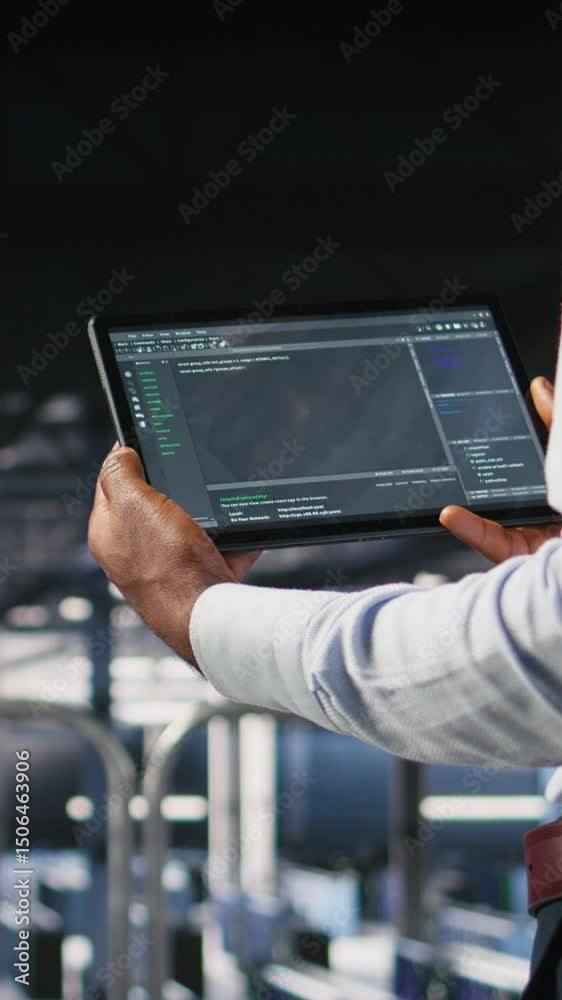 Poster vertical video close up of data center programmer looking at code debugging tools running on tablet.