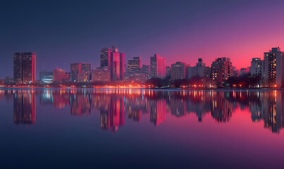 Beautiful night view of the city with purple and pink tones.