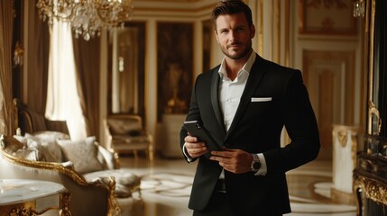 A stylish businessman in a black suit, standing in a luxurious office, holding a smartphone and looking confident.