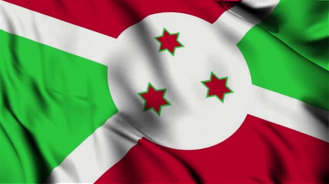 3D animation of the national flag of Burundi waving in slow motion. Close-up view with realistic fabric texture in 4K resolution. Ideal for Independence Day, patriotic videos, and national celebration