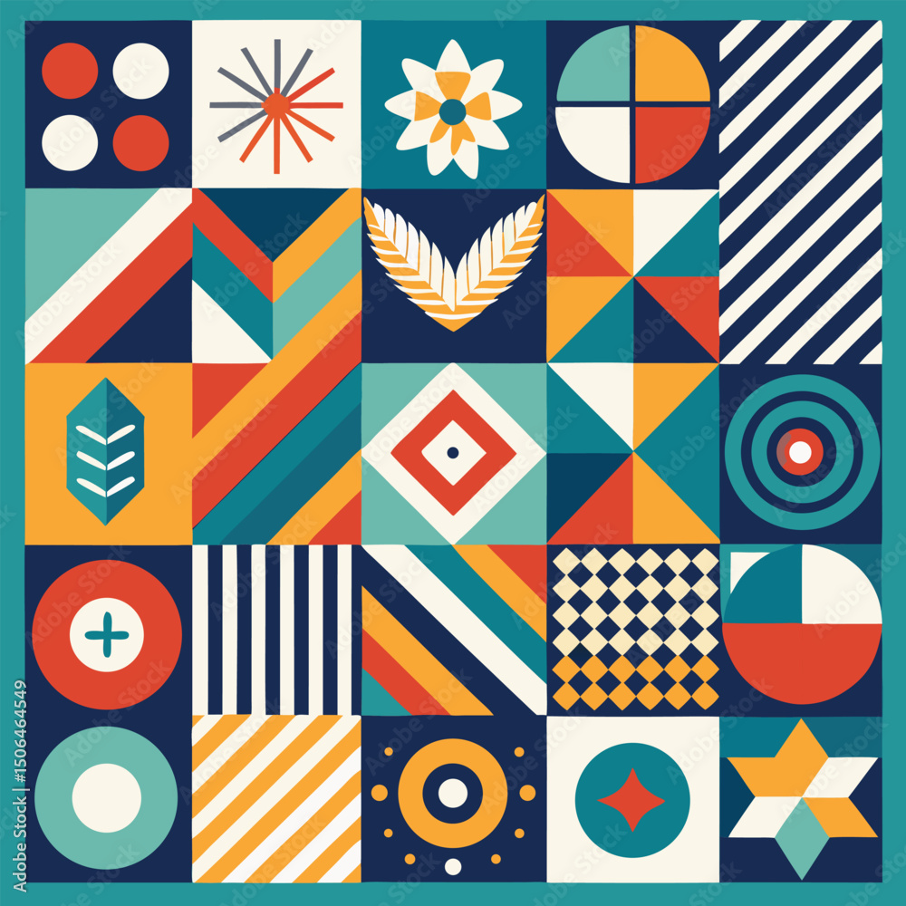 Poster Geometric pattern vector background with Scandinavian abstract color or Swiss geometry prints of rectangles, squares and circles shape design