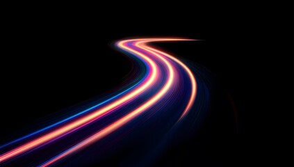 A neon light path on a black background, with purple glowing lines in motion blur leading to the horizon. An abstract, futuristic technology or speed