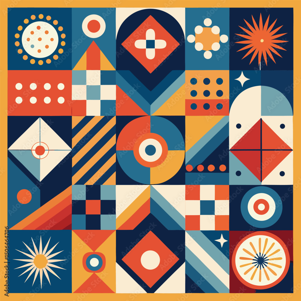 Poster Geometric pattern vector background with Scandinavian abstract color or Swiss geometry prints of rectangles, squares and circles shape design