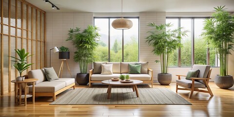 Fototapeta premium Modern Zen Living Room with Large Windows and Lush Plants