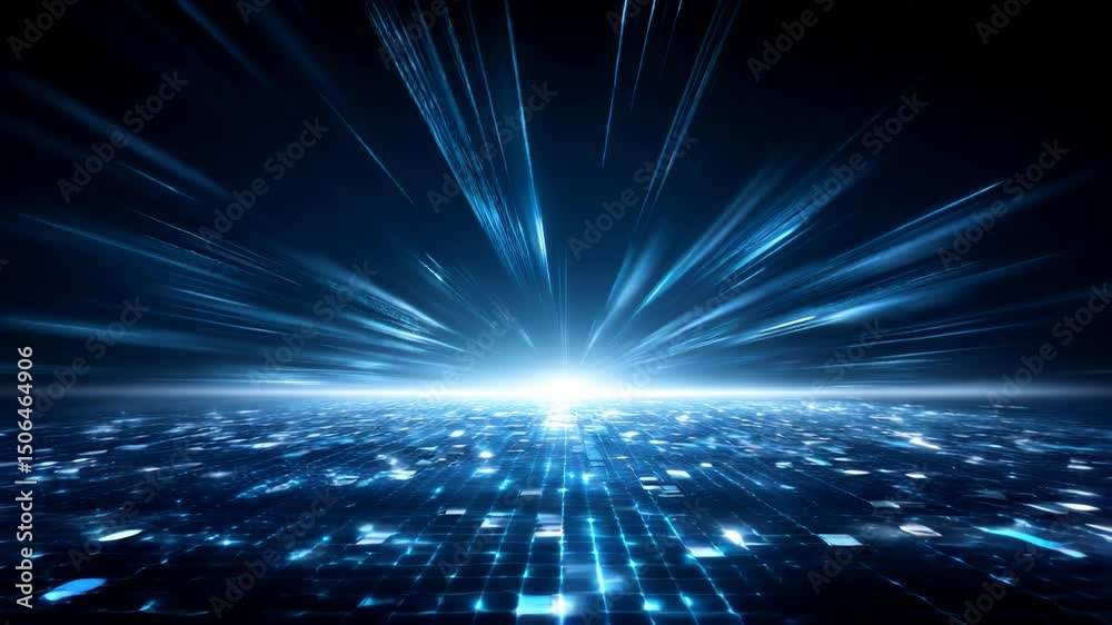 Poster digital light rays burst over glowing futuristic grid surface with dynamic energetic blue light rays