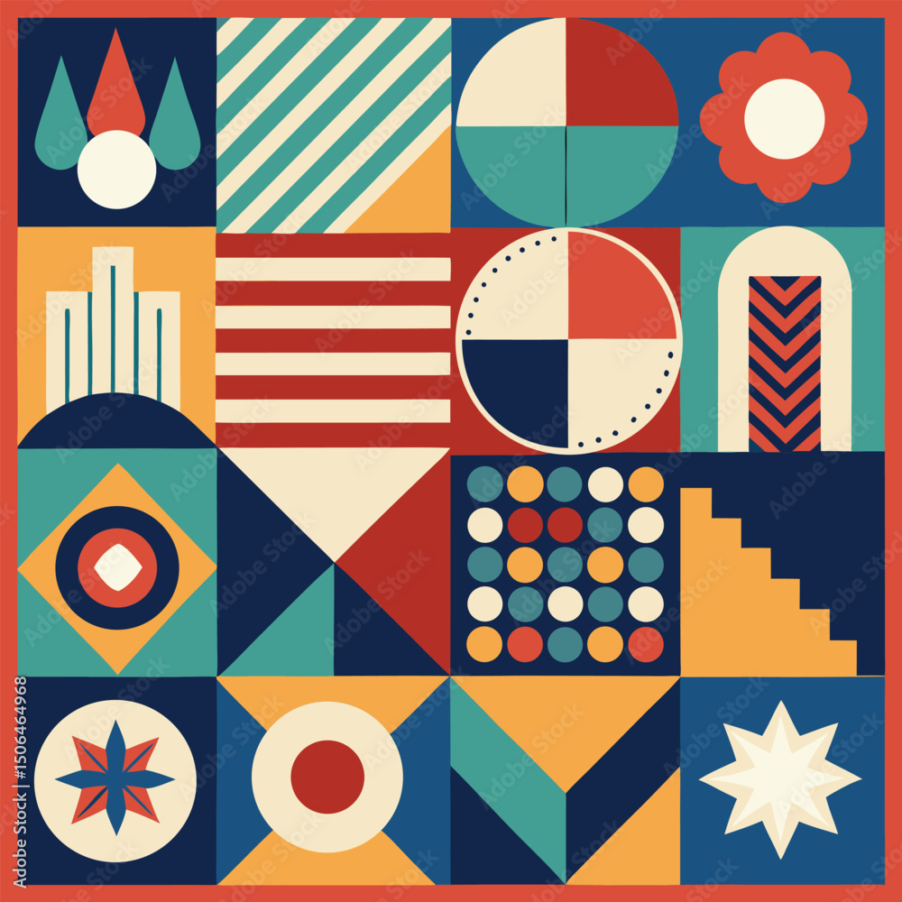 Poster Geometric pattern vector background with Scandinavian abstract color or Swiss geometry prints of rectangles, squares and circles shape design