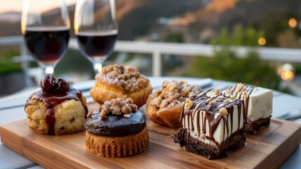 Una bandeja de exquisitos postres acompa&ntilde;ada de una copa de vino al atardecer.