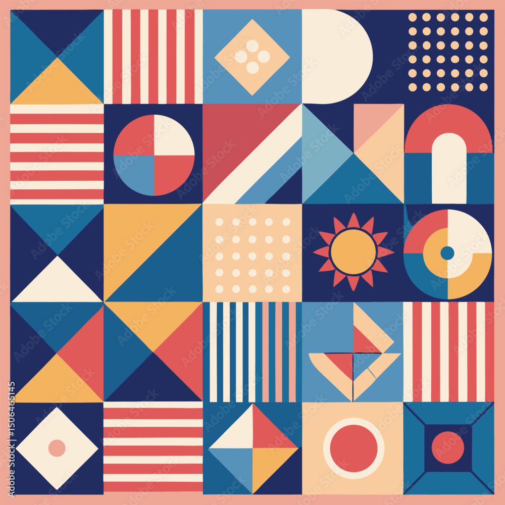 Poster Geometric pattern vector background with Scandinavian abstract color or Swiss geometry prints of rectangles, squares and circles shape design