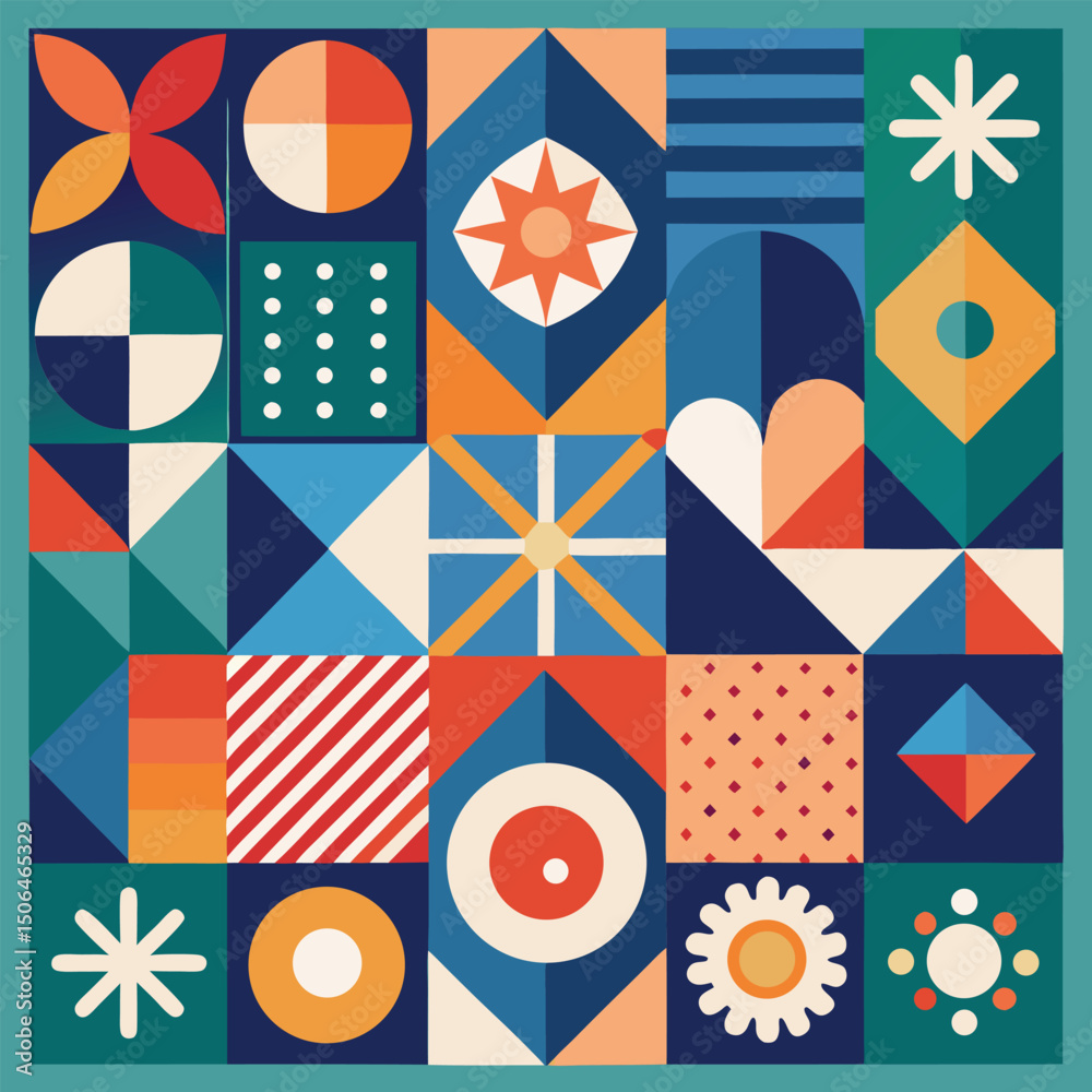 Poster Geometric pattern vector background with Scandinavian abstract color or Swiss geometry prints of rectangles, squares and circles shape design