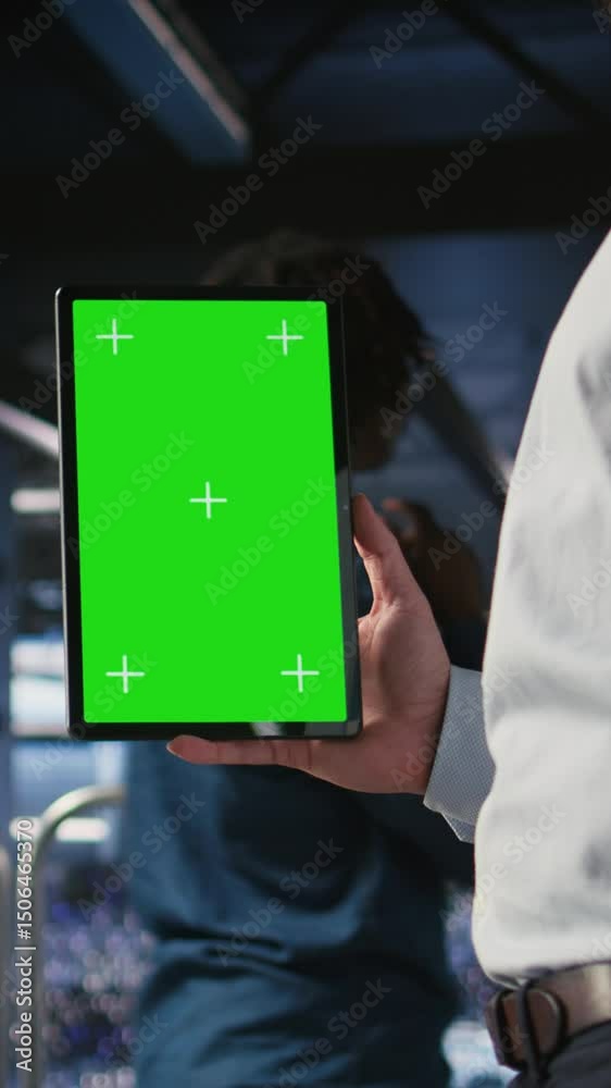 Poster vertical video close up of data center admin using mockup tablet to update storage arrays software, 