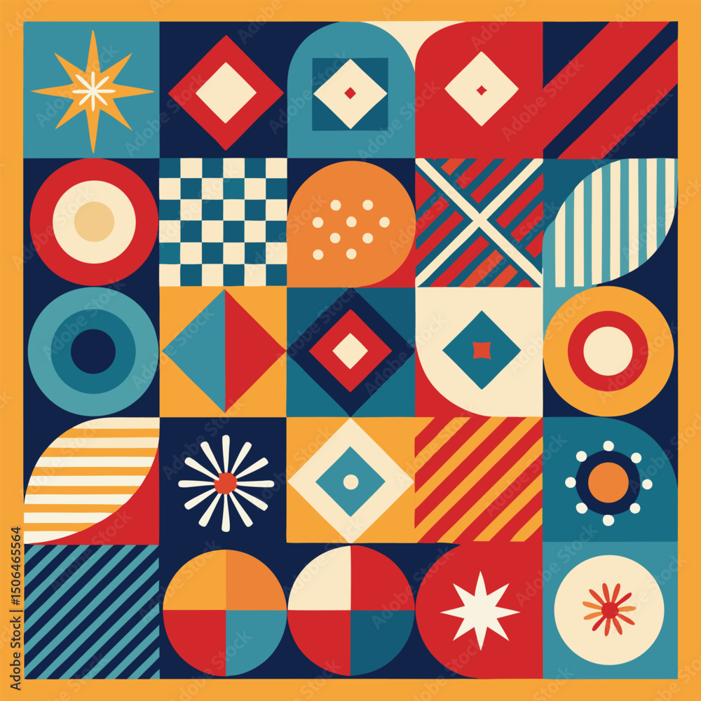 Poster Geometric pattern vector background with Scandinavian abstract color or Swiss geometry prints of rectangles, squares and circles shape design