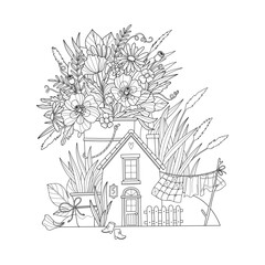 lack and white line illustration of a charming small house surrounded by poppy flowers, coloring pages