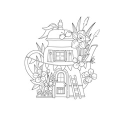 Black and white line illustration of a charming tiny teapot house surrounded by early spring flowers.creative projects