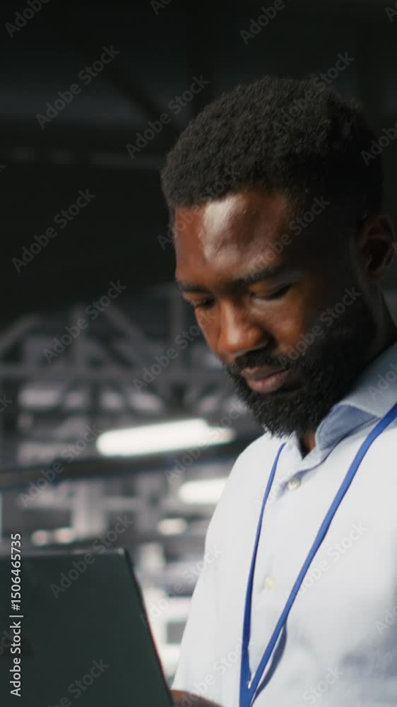Poster vertical video smiling technician and colleague in data center reviewing large language model visual
